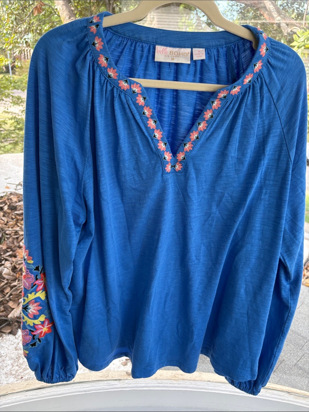 Belle by Kim Gravel Royal Blue V-Neck Tunic with Pink Floral Embroidery